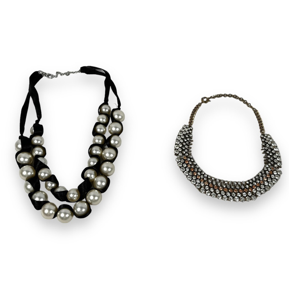 Statement Necklace Lot 2 Faux Pearl Ribbon Brown Clear Rhinestone Choker Jewelry